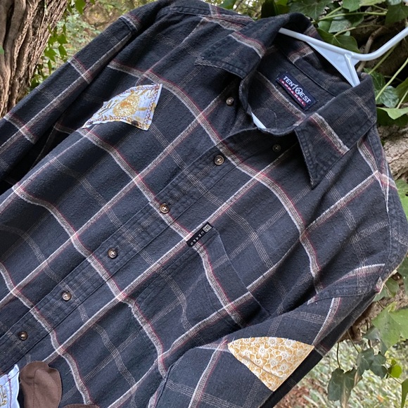 Flannel Shacket Medium Recycle Frayed Grunge Boho Hippie Patch Fall Shirt Jacket - Picture 5 of 8